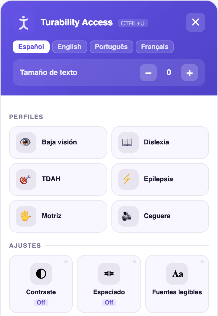 El panel de AccessWeb abierto: idiomas, tamaño de texto, los perfiles Baja visión, Dislexia, TDAH, Epilepsia, Motriz y Ceguera, y ajustes como contraste, espaciado y fuentes legibles.